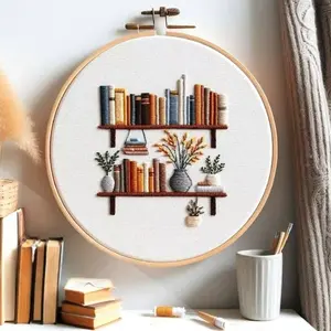 Beginner Embroidery Kit, Elegant Cross Stitch Set, Bookshelf & Vase Style, DIY Embroidery Lovers, Includes Printed Cotton Fabric, Embroidery Thread, Embroidery Designs