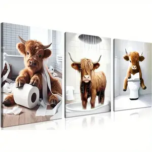 Highland Cow Pattern Canvas Framed Painting, 3 Counts Modern Wall Art Painting, Wall Art Decor for Home Interior Living Room Bedroom Office, Ornaments, Indoor Decoration tiktokshopspringglowup