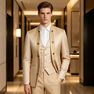 Men’s Champagne Jacquard Mandarin Collar 3-Piece Suit: Born Gentleman Edition