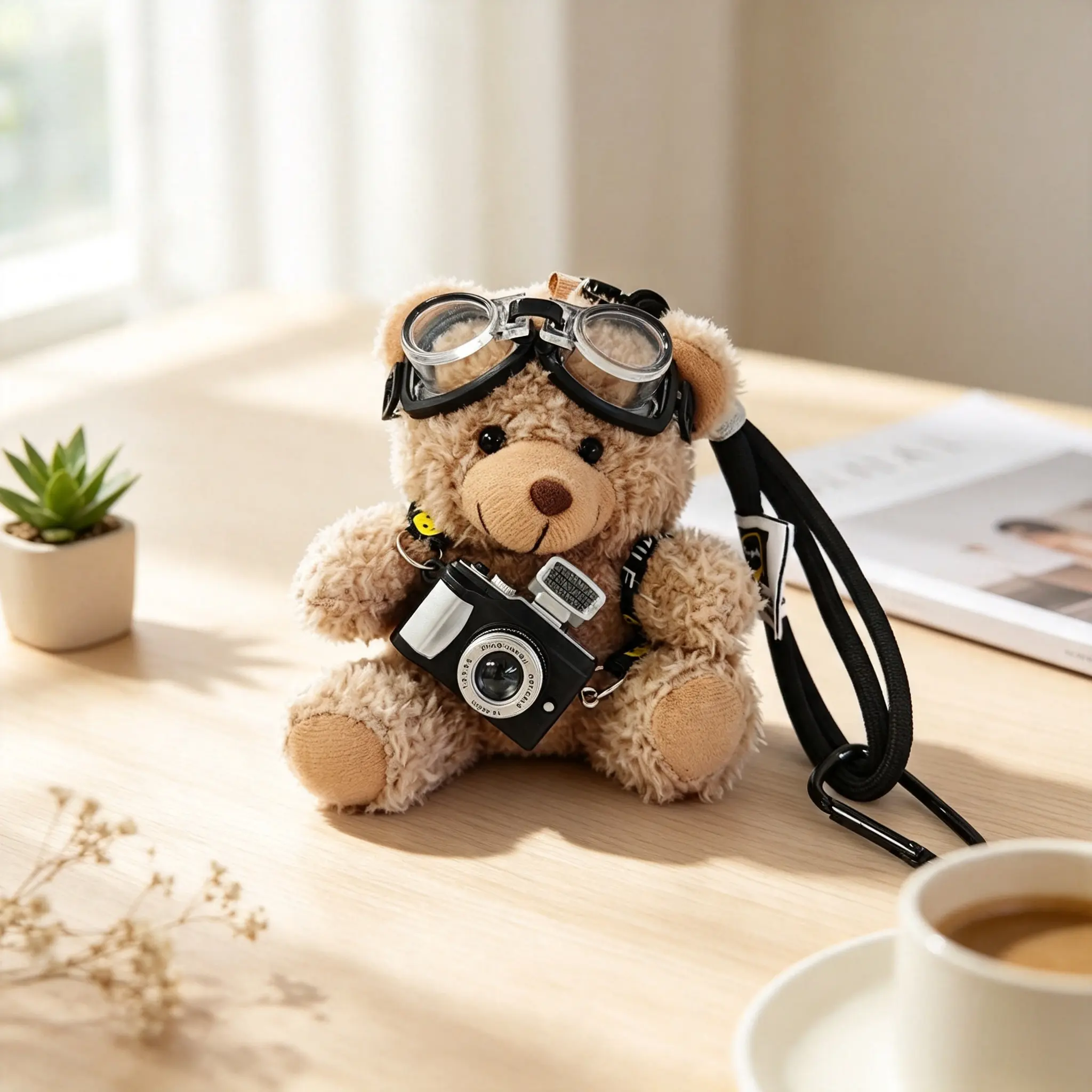 Stuffed Animal Keychain, Retro Style Soft Plush Pilot Bear with Goggles & Camera - Kawaii Accessories Backpack & Handbag Charm, Funny Keychain, Keychain Decor