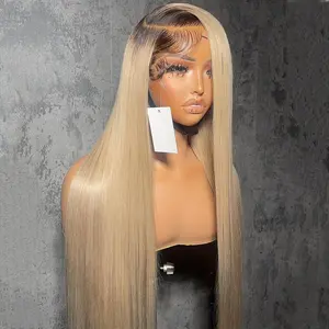 Ombre Ash Blonde Wigs Human Hair 13X4 Transparent Lace Human Hair Wigs Pre Plucked Blonde Straight Lace Front Human Hair Wig 200 Density for Women