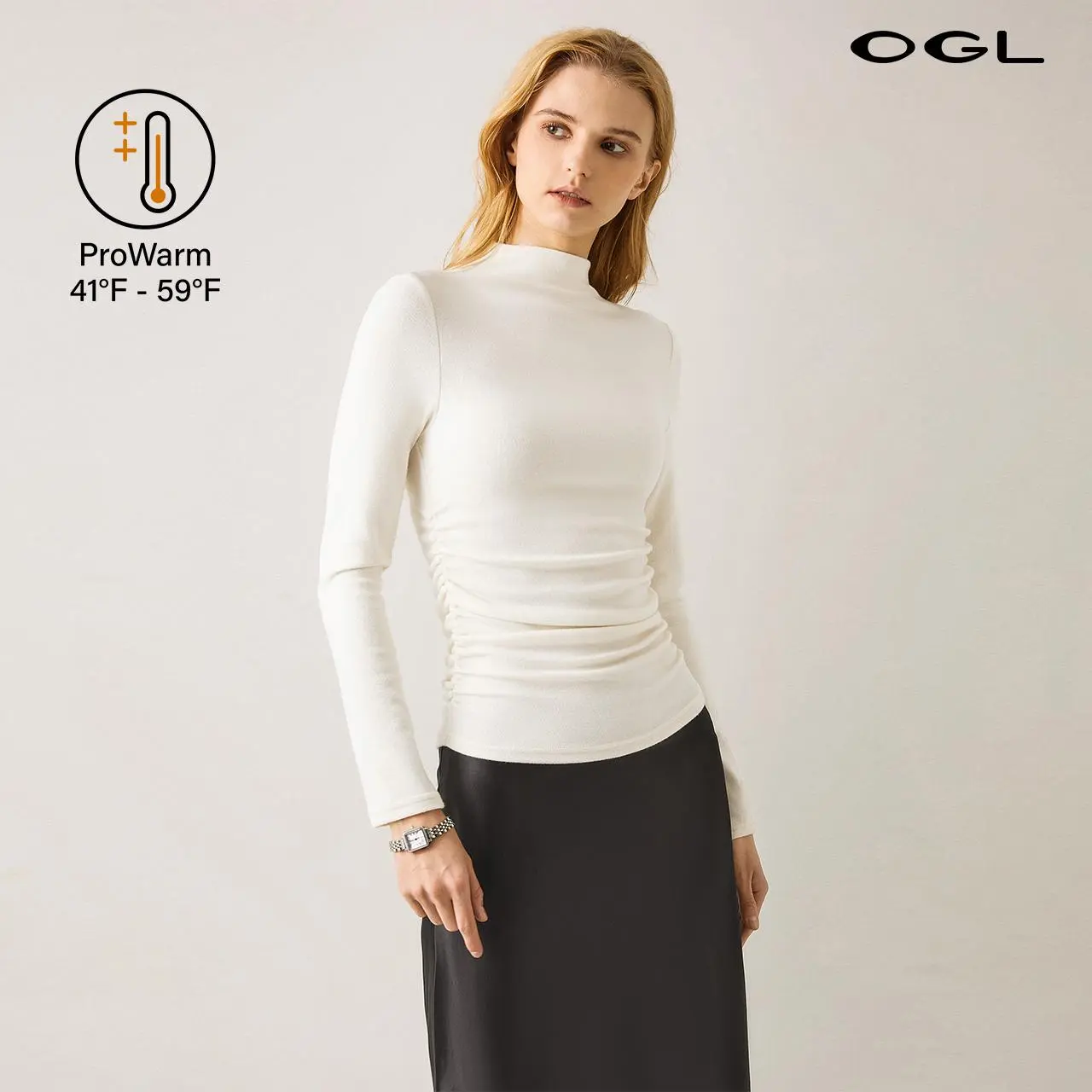 OGL Eco-Mousse Thermal Ruched Sides Tuckable Mockneck Top ProWarm 41F-59F Elegant Knit Minimalist Womenswear teacher bae outfit Clothes Clothing summerwins DealsForYouDays