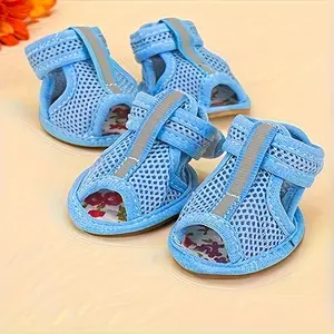 4PCs Breathable Non-Slip Dog Sandals - Small Breed Polyester Pet Shoes Clothing with Durable Cowhide Sole and Adjustable Hook and Loop Tape for Secure Fit