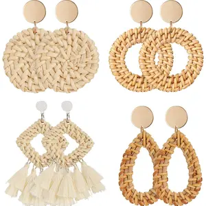 4 Pairs Rattan Earrings for Women Beach Essentials Tassel Dangle Boho Straw Earrings