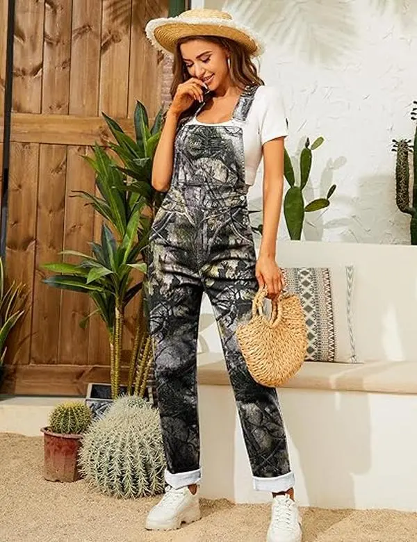 ODEFOU Women's Camouflage Denim Bib Overalls - Adjustable Strap, Loose-Fitting, All-Season Hunting Work Utility Coveralls with Pockets, Casual Jumpsuit, Camo1-szh