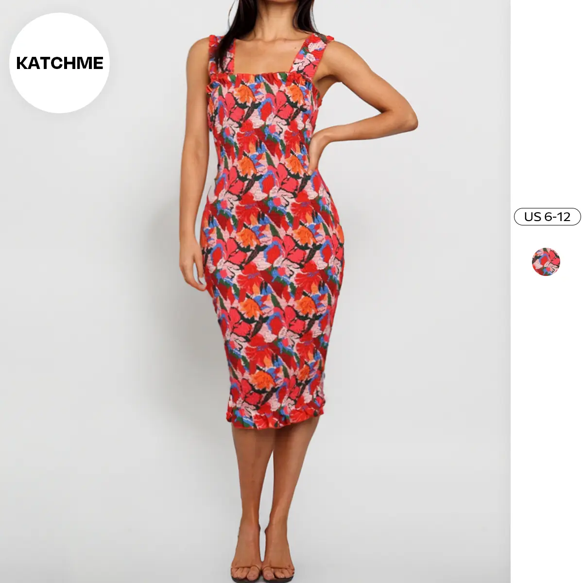 KatchMe Women's Elegant Floral Print Thin Waist Mermaid Tail Slinky Dress,Square Neck Multi-Coloured Dresses,Birthday Outfits for Women,Casual Wear