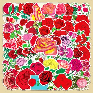 Rose Pattern Sticker, 50pcs Floral Self Adhesive Decorative Stickers, DIY Decals for Water Bottle, Laptop, Phone Case, Scrapbooking, Journal Making