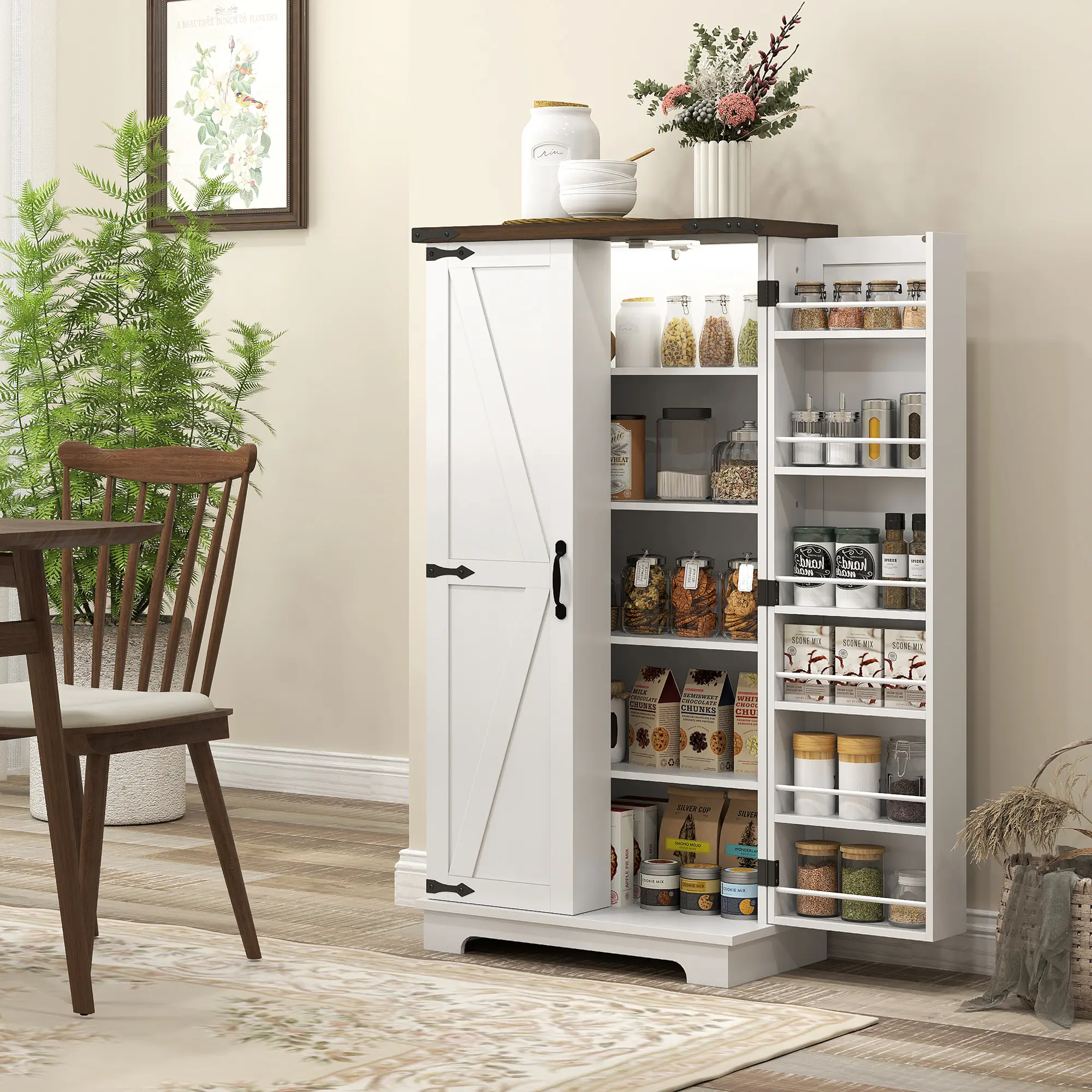 Multi position brightness color adjustable cabinet LED light plus variable shelf layout white pantry furniture for open kitchen corner storage of oversized kitchen containers and appliances