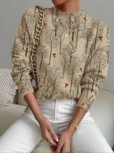 Women's Tree Landscape Print Stand Collar Fitted Sweater, Fall Winter Casual Long Sleeve Knitwear, Comfortable Warm Daily Wear