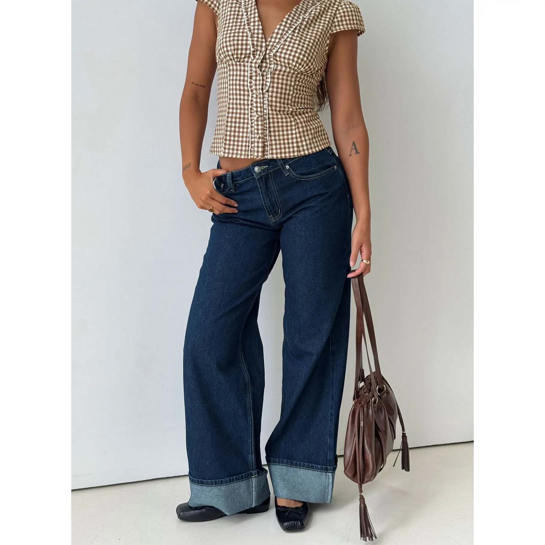 Darla Low Rise Straight Leg Cuff Jean Dark Blue Wash