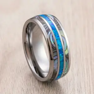 1pc Men's Tungsten Carbide Ring With Blue Opal & Abalone Shell Inlay, Silver-Tone Polished Edge Wedding Band, Ocean-Inspired Jewelry Gift For Him, Anniversary, Father’s Day