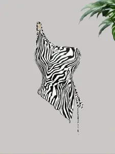 Women's Zebra Stripe Print One Shoulder Top, Casual Sleeveless Striped Top for Summer, Ladies Clothes for Daily Wear Womenswear