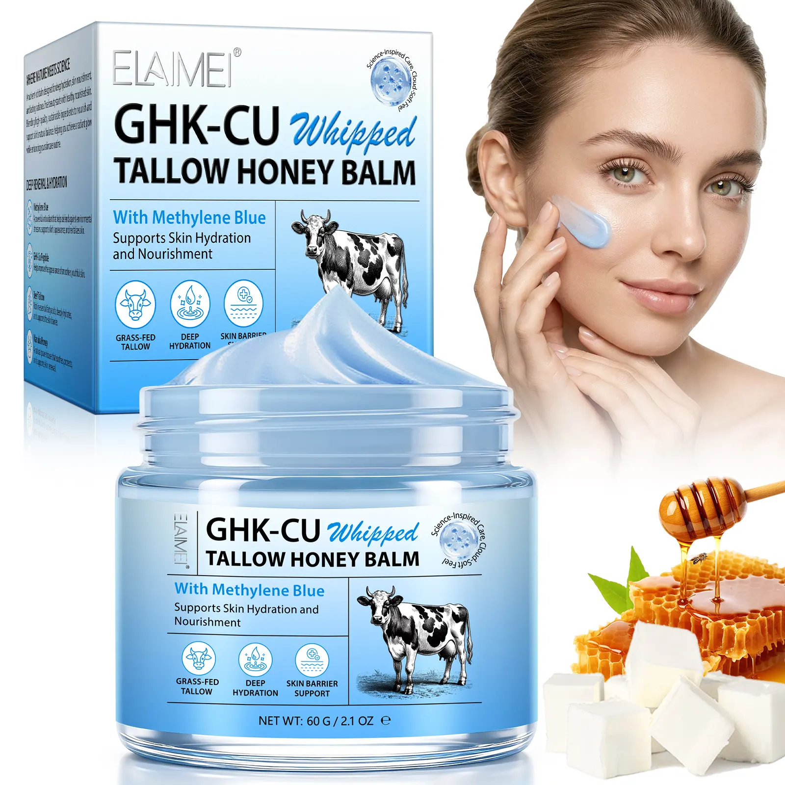 ELAIMEI Copper Peptides GHK-Cu Beef Tallow for Skin: Blue Balm with Methylene Blue, Manuka Honey & Vitamin E – Natural Face and Body Moisturizer for Mature, Dry & Sensitive Skin campingessentials