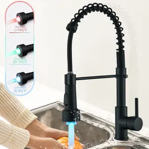 Senlesen Modern Kitchen Faucet with Pull Down Sprayer Black Commercial LED Kitchen Sink Faucet Single Handle Single Hole High Arc Spring Mixer Taps Deck Mount,Suitable for Farmhouse Camper Laundry Rv Bar