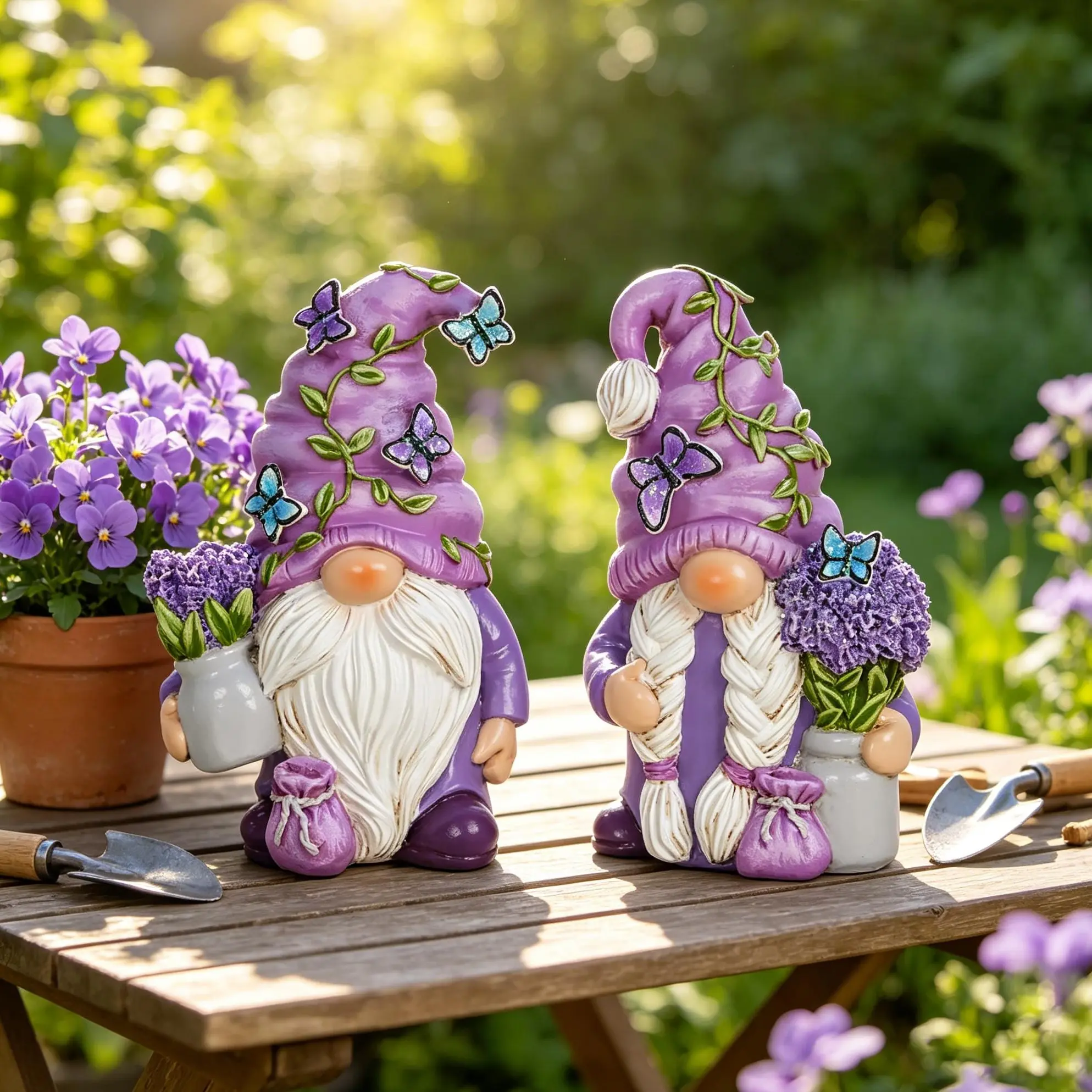 Sangeren 2-Pack Lavender Butterfly Gnome Resin Figurines, Purple Floral Cottagecore Garden Statue, Hand-Painted Indoor Outdoor Spring Tabletop Decor**
