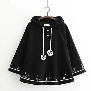 Japanese Ponchos Autumn/Winter Clothing — Cute Jackets for Women, Hooded Oversized Coats with Cat Ears, Y2K Tops, Sweet Capes, Sweaters (49C648), Women’s Wear, Gamis, Black, Casual, Long Sleeve