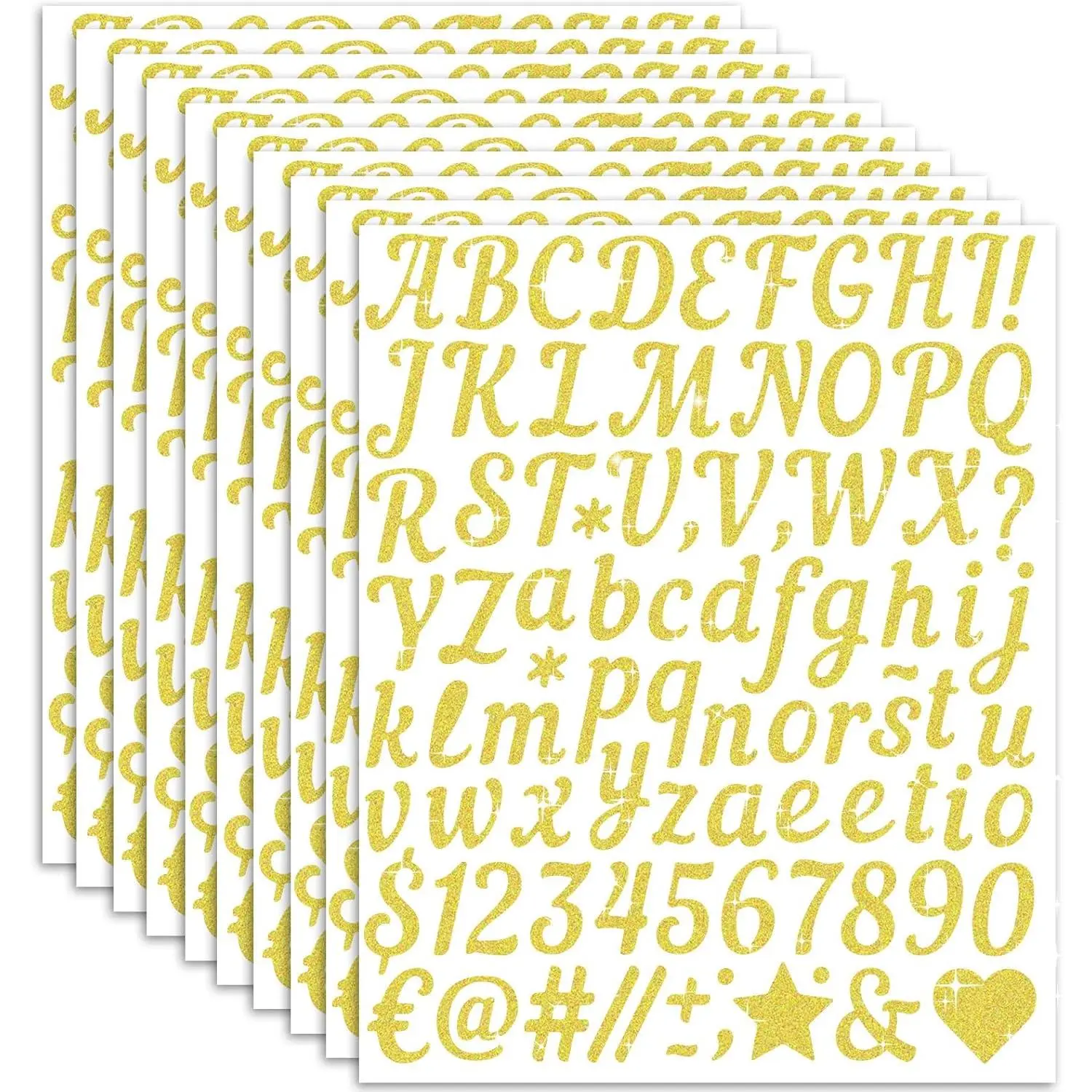 880 PCS Gold Letter Stickers 10 Sheet, Self-Adhesive Glitter Number Alphabet Stickers Waterproof, 1 inch Vinyl Letter Sticker Cursive for DIY Craft Art Graduation Cap Scrapbook Valentine Gift