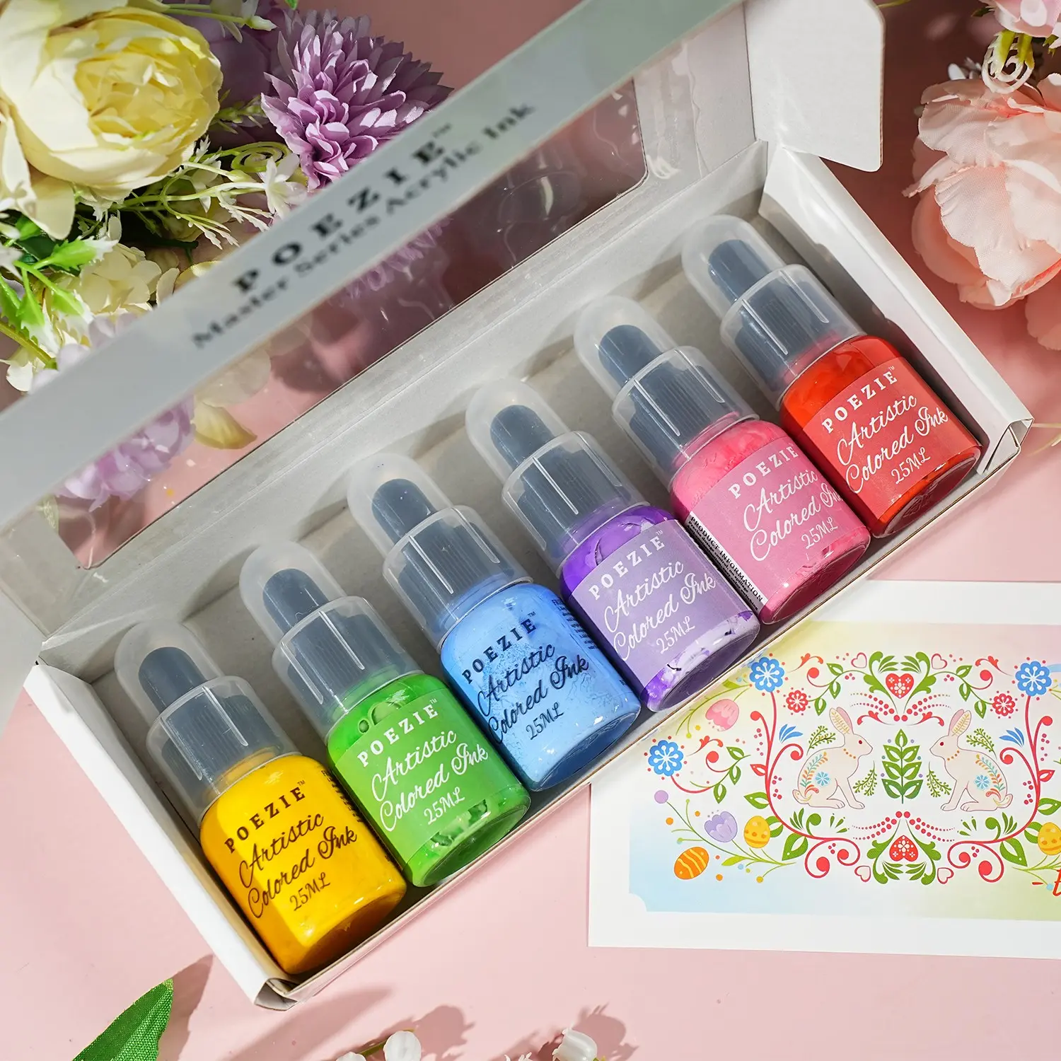 Premium 6pcs Acrylic Ink Set with Dropper, Vibrant Artist Ink, Non-Fading Permanent Ink for Airbrush, Pouring Art & Ink Drawing, Versatile Use, Dropper Included