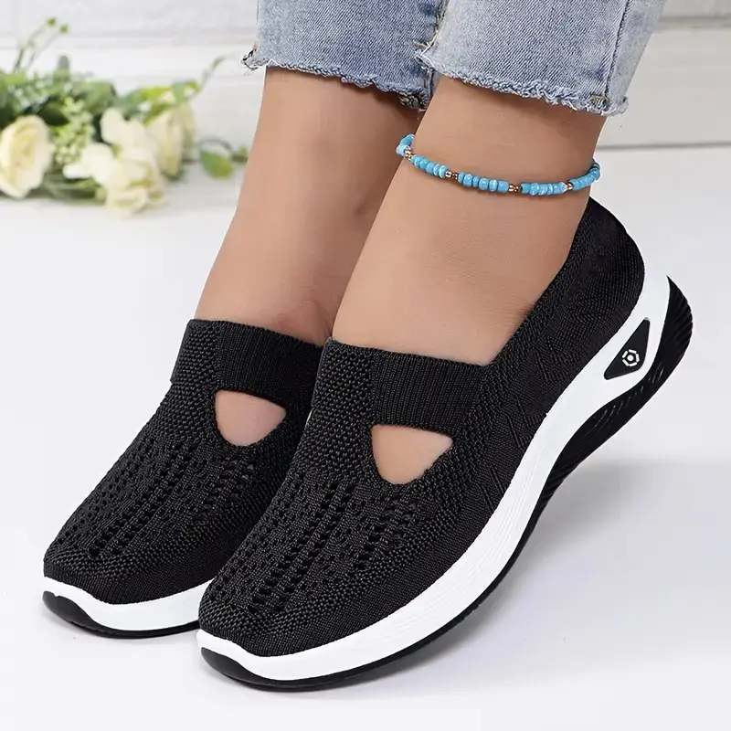 Women's Breathable Knit Slip-On Sneakers - Lightweight Comfortable Low-Top Shoes with Cut-Out Design, Flexible PVC Sole, All-Season Wear, Round Toe in Red, Beige, Green, Blue, Black, Purple Footwear Classic Stylish