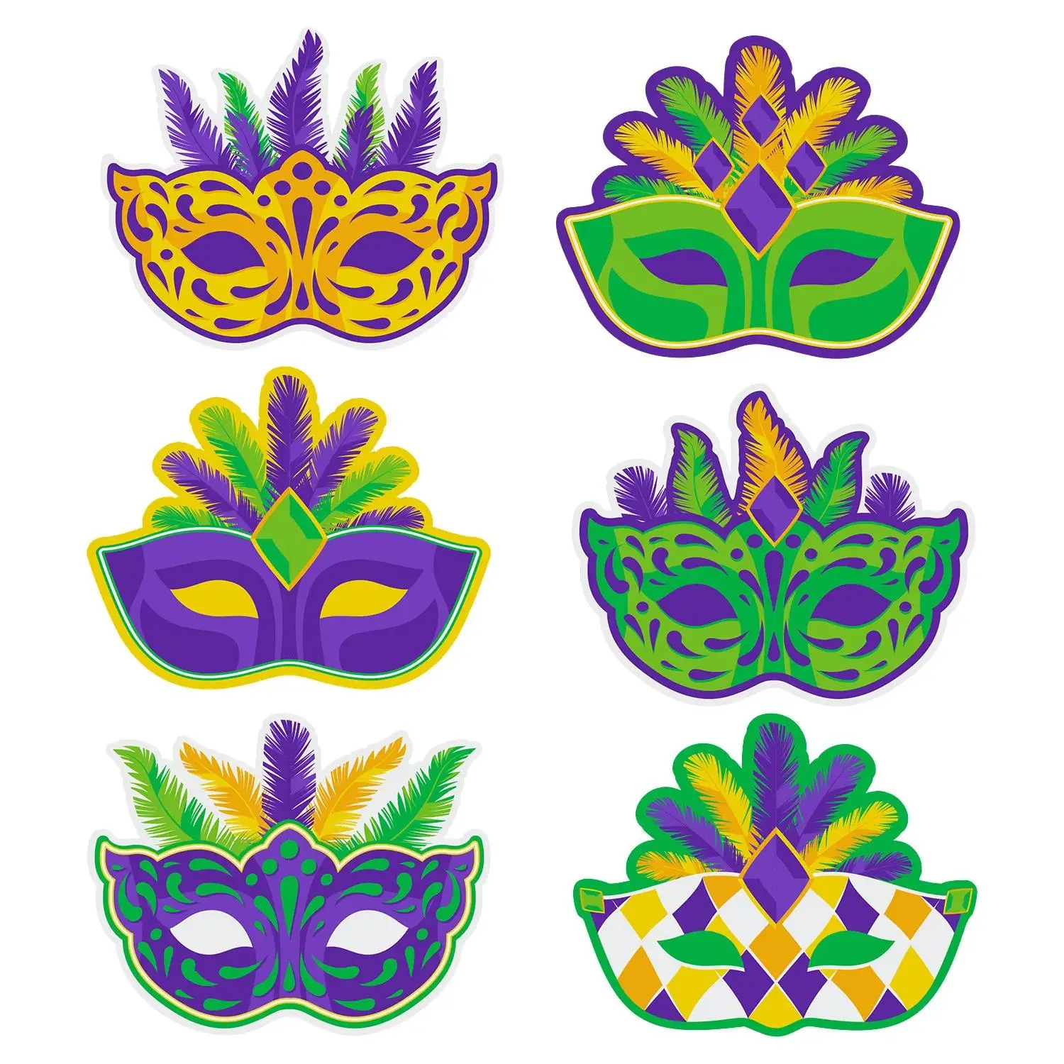 Jumbo Size 30" x 24" Multicolor Cardboard Mardi Gras Mask Cutouts - 6 Pc Party Supplies, Large Display Home Decor for School, Lively Library Holiday Events