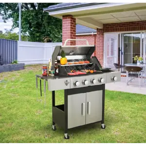 4-Burner Propane Gas BBQ Grill with Side Burner, 46790BTU Output With Enameled Cast Iron Cooking Grids For Outdoor Barbecue, Stainless Steel Rack