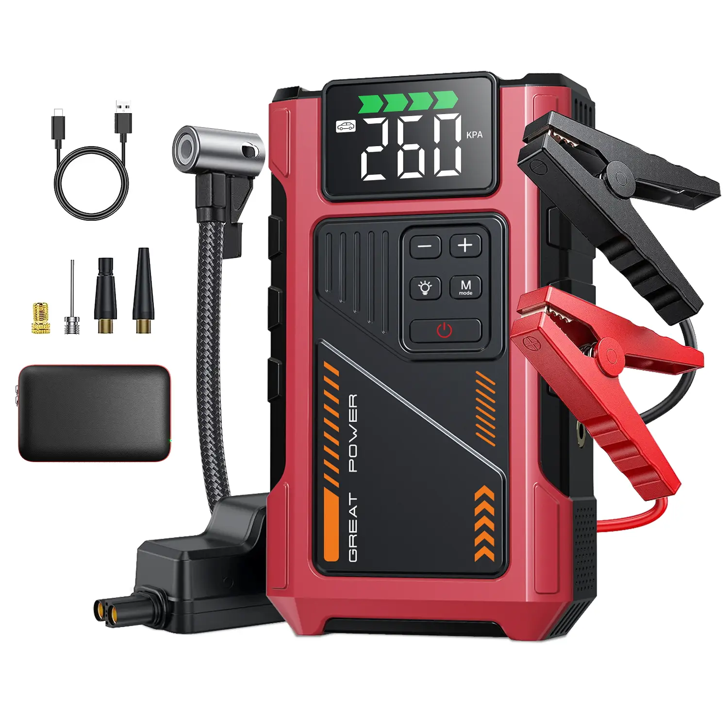 Geeneu 12000mAh Wireless Portable Jump Starter with 150PSI 12V Air Compressor, Compact 22*14.4*10.7cm Car Battery Jump Box, Car Tool Kit, Wireless Clamps, Auto Accessories for 10.0L Gas Engines
