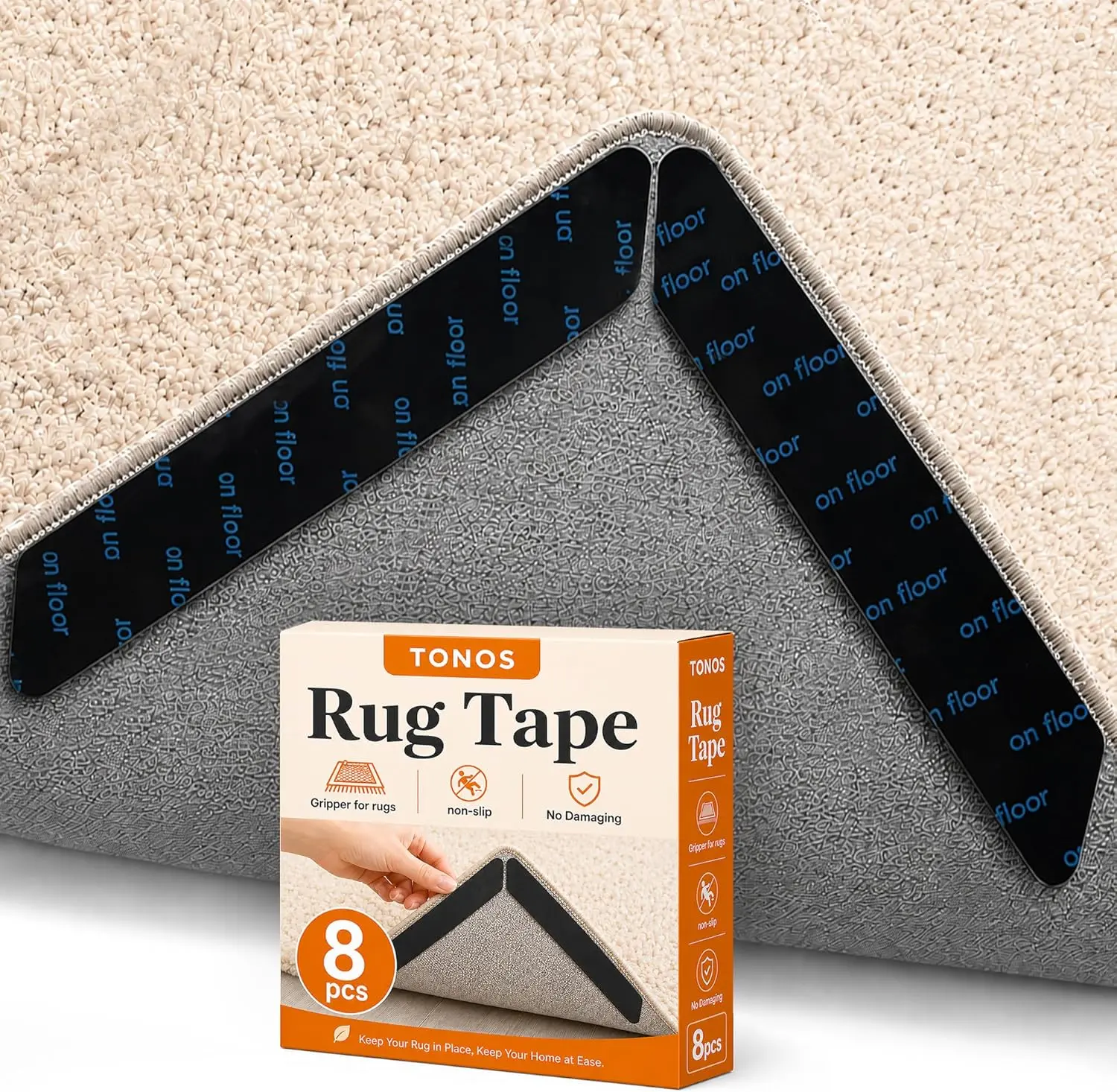 Rug Tape, 8 PCS Rug and Carpet Grippers for Hardwood Floors, No Residue Double Sided Carpet Tape for Area Rugs, 100% PU Non Slip Rug Grips, Rug Corner Grippers for Wood, Tile, Laminate Floors