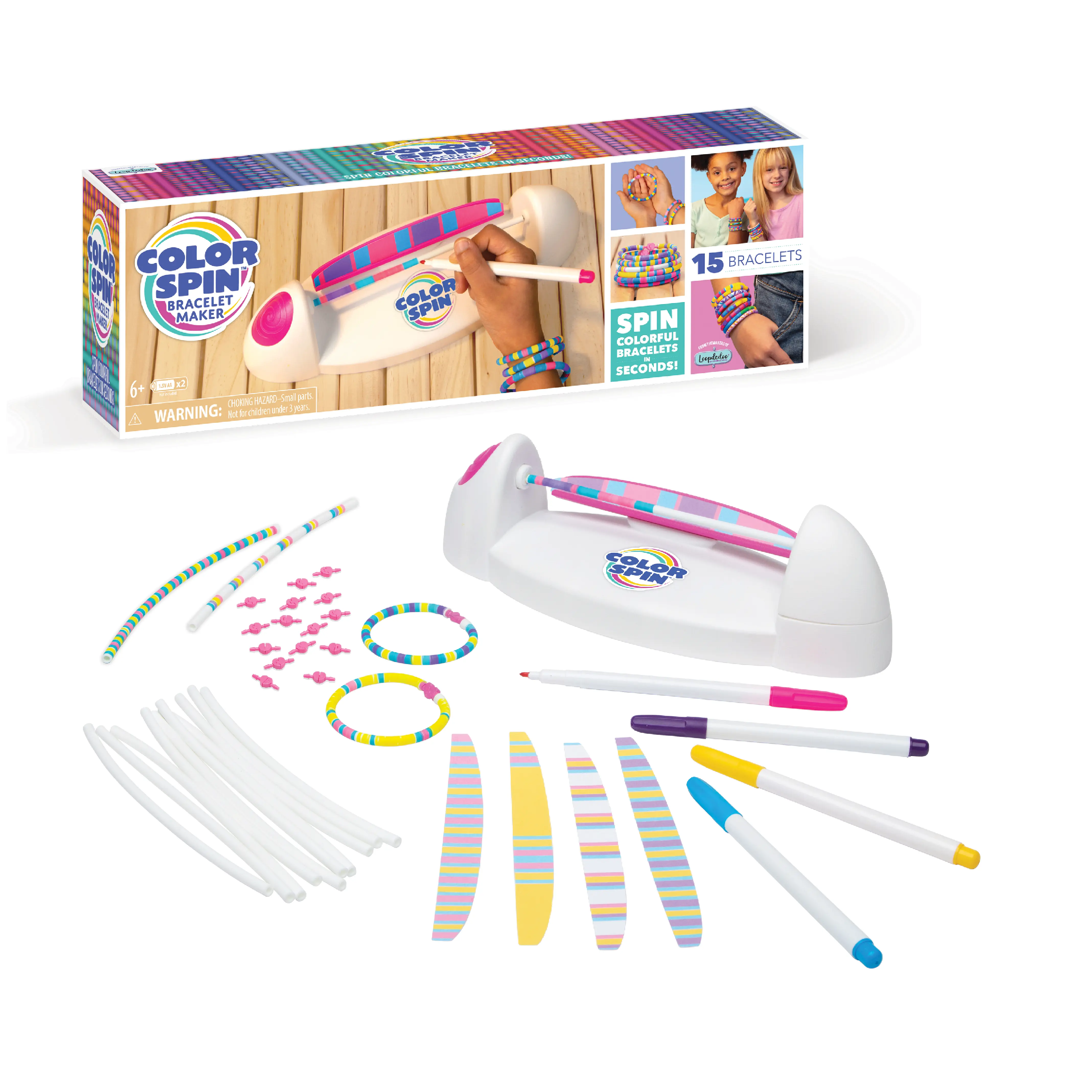 ColorSpin Electric Friendship Bracelet Maker Kit - Create 15 No-Bead Trendy Bracelets in Minutes - Perfect Gift for Ages 6+ with Markers & Templates