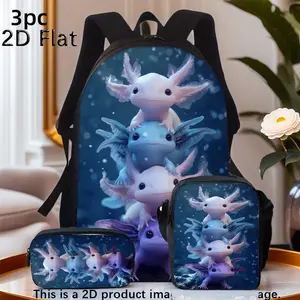 3pcs Summer Essentials Frost Axolotl Stack Backpack Set Includes a Large Capacity Backpack, a Pencil Case And a Zippered Lunch Bag with Adjustable Shoulder Straps, Making It a Great Travel And Commuting Gift.