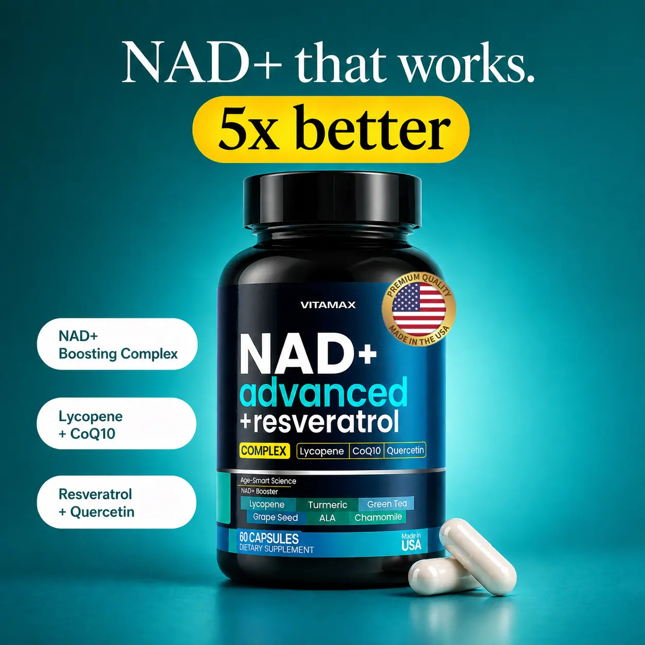 NAD Supplement Extra Strength - Liposomal + Resveratrol for Women & Men, CoQ10, Alpha Lipoic Acid – High Purity Anti-Aging, Energy & Regeneration – 60ct