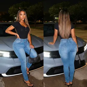 Womens Push Up High Waist Light Skinny Jeans w Lace Up Design Blue Stretchy Spandex Women's Denim MX JEANS by Moda Xpress