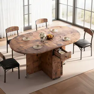 Jocoevol Folding Dining Table for 4 Kitchen Dining Room DinnerTable with Storage Drawer Space Saving Oval Foldable Drop Leaf Gateleg Furniture for Small Space (Vintage, 47 * 23.6 * 30)