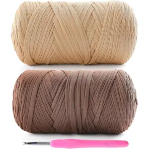 2 Pack Tshirt Yarn for - 800 G/260 Yds T Shirt Soft Elastic T-Shirt Yarn for Crocheting Bags Baskets Home with 1 Hook (2, Khaki+Coffee)