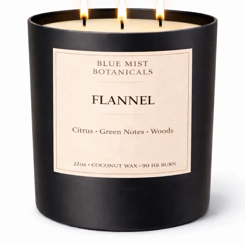 Blue Mist Botanicals Flannel 22oz Coconut Wax Candle with Citrus Green Notes Woods Fragrance 90 HR Burn Time