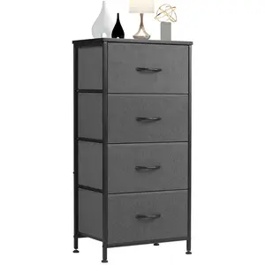 Nightstand with 4 Drawers Bedside Table with Removable Fabric Bins Sturdy Steel Frame Wood Top Organizer Furniture for Bedroom Nursery Closet Living Room