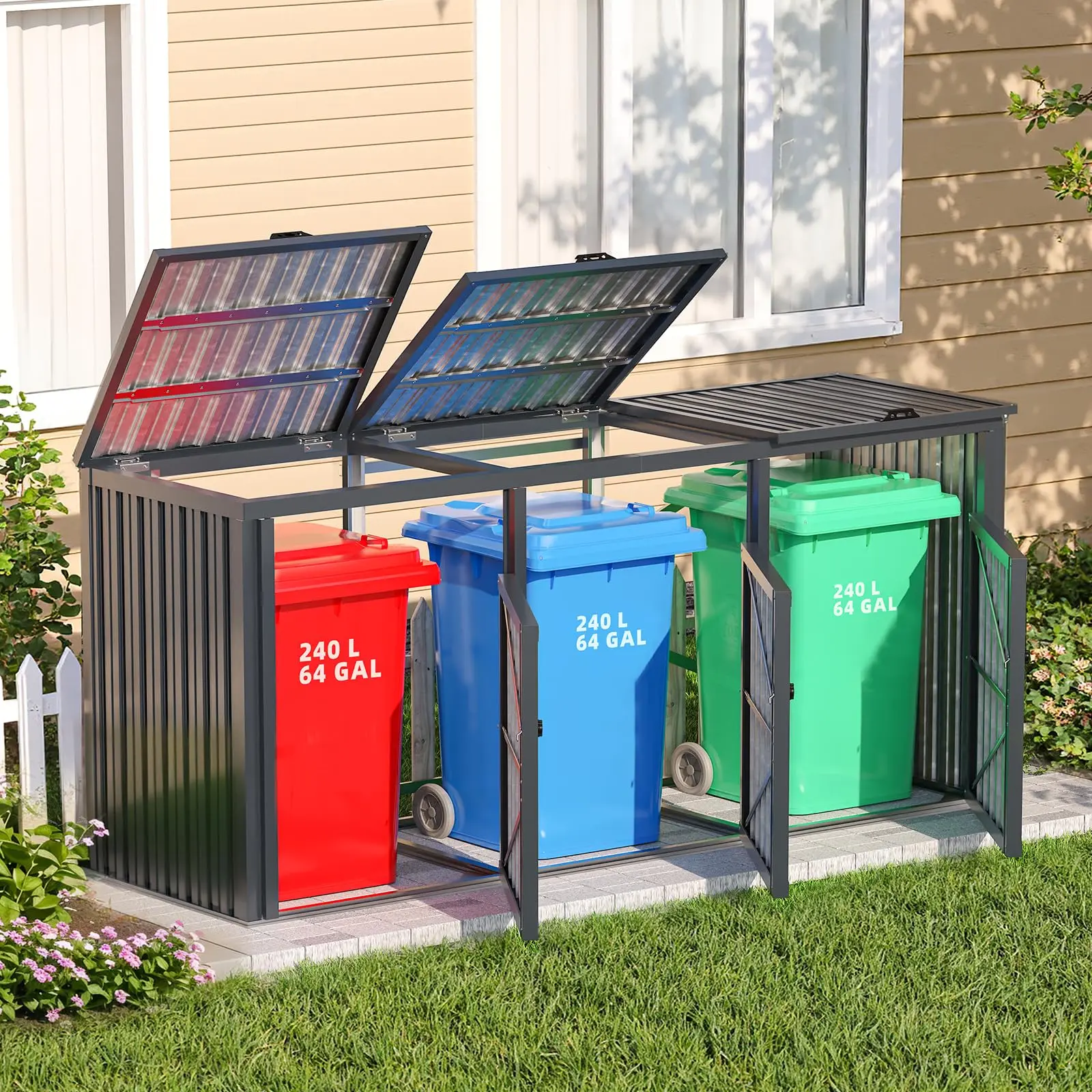Aecojoy 77 CU.FT Outdoor Trash Can Storage Shed, Metal Garbage Storage Shed for 3 Trash Cans, Heavy Duty Cabinet Waterproof for Garden, Backyard, Lawn and Patio