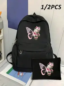 Set of Backpacks with Makeup Bag, Butterfly Print Large Backpack, Stylish Backpack for School, Classic Zippered Wallet, Large Capacity, School Backpack Bookbag