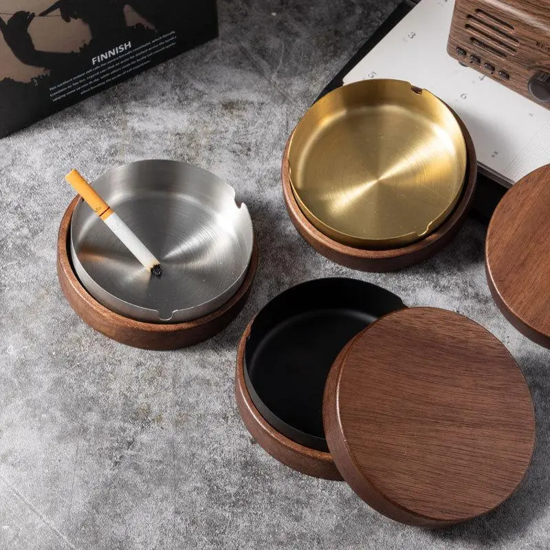 Walnut Wooden Ashtray Set - 3-Slot Holder, Lighter Accessories for Indoor Home Office Use, Personalized Gift for Men