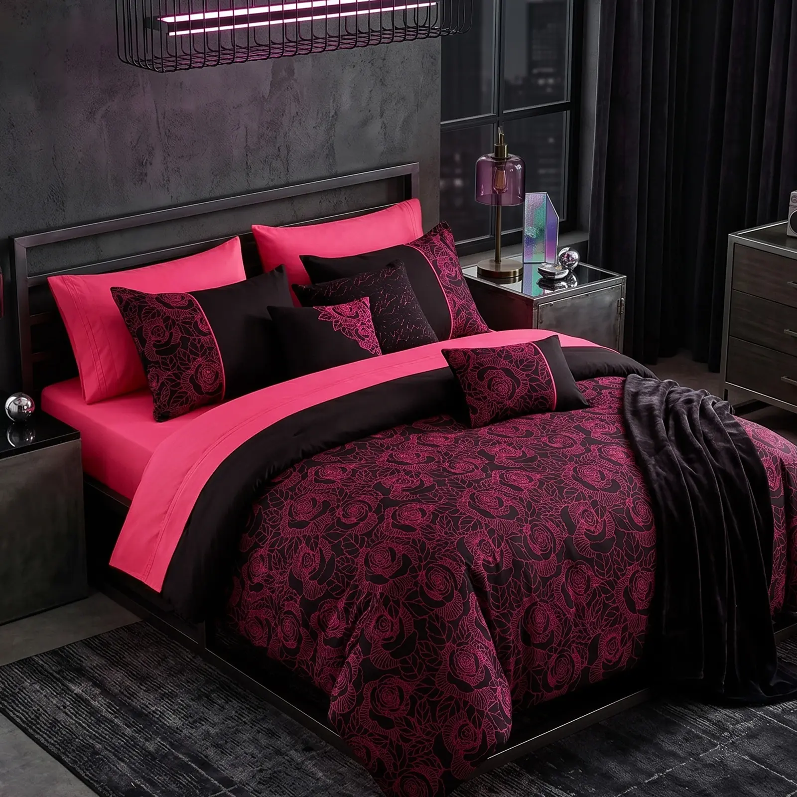 Glam 10pcs Queen/King Comforter Set - All-Seasons Breathable Embroidery Bedding with Sheet, 3 Decorative Throw Pillows, Rose Floral Pink Black Design, Machine Washable for Bedroom Decor, Floral Moody Gothic Bedding