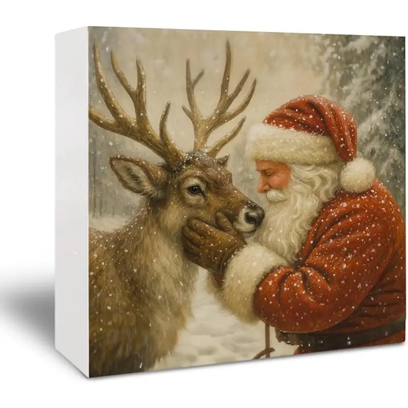 Christmas Santa Wooden Sign - Rustic Santa Reindeer Christmas Holiday Decor, Vintage Reindeer Wooden Box Sign for Home Kitchen Bathroom Table Desk Shelf Decoration, 5x5 Inch