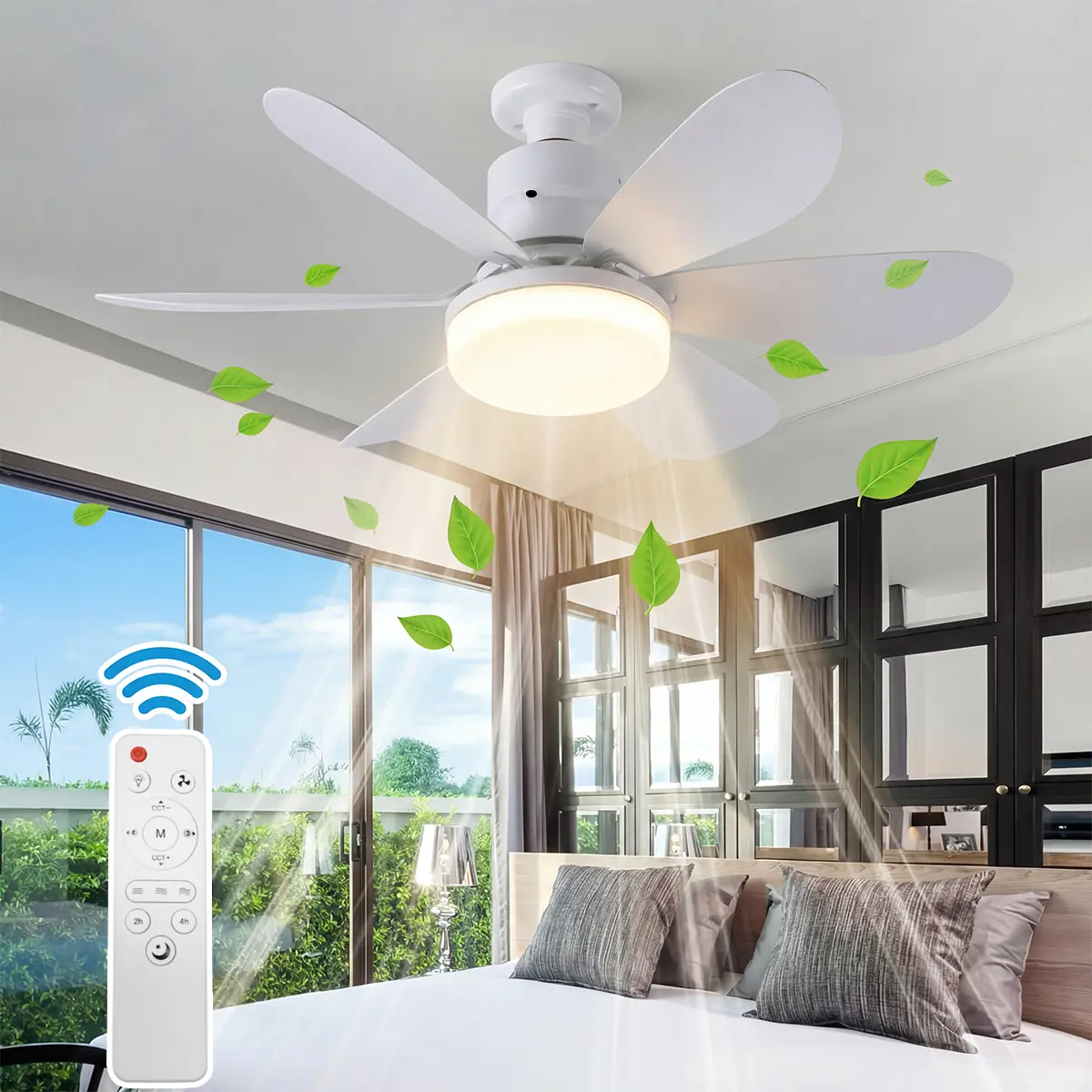 E27 Base White Blade Ceiling Fan with Dimmable Ceiling Lights, 52cm, 30W (18W 3-Color Adjustable Smart LED + 12W Copper Brushless DC Motor), 3-Speed Remote with Night Light & Timer, 85-265V Wide Voltage for Bedroom, Bathroom, Dining Room Home Use, Home Ce
