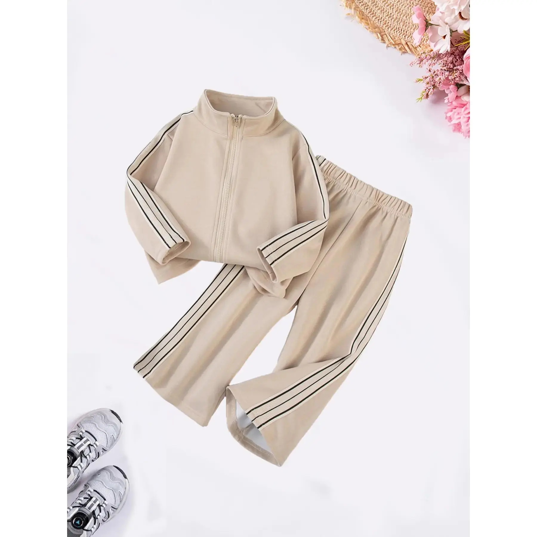 2-piece Spring/Autumn Girls' Fashion Striped Set Casual long-sleeved zip-up jacket with wide-leg trousers Baby  color-block stand-collar cardigan jacket  trousers Suitable   aged 2-7 Ideal  outdoor  school wear Track Uniforms  for and Girls