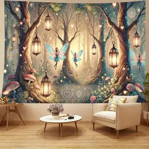 Enchanted Forest Fairy Tapestry - 243.84x182.88 cm Polyester Wall Hanging with Glowing Lanterns, Whimsical Mushrooms & Butterflies, Ideal for Living Room, Bedroom, Office Decor |     Magical Woodland Scene for Weddings, Birthdays, Graduations, Fairy Garde