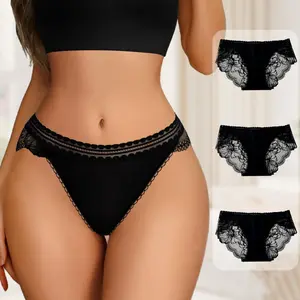HOTCOM Women's Low-Waist Triangle Briefs, Plain Contrast Lace Design, Comfortable All-Season Underwear, Slim-Fitting Pack of 3