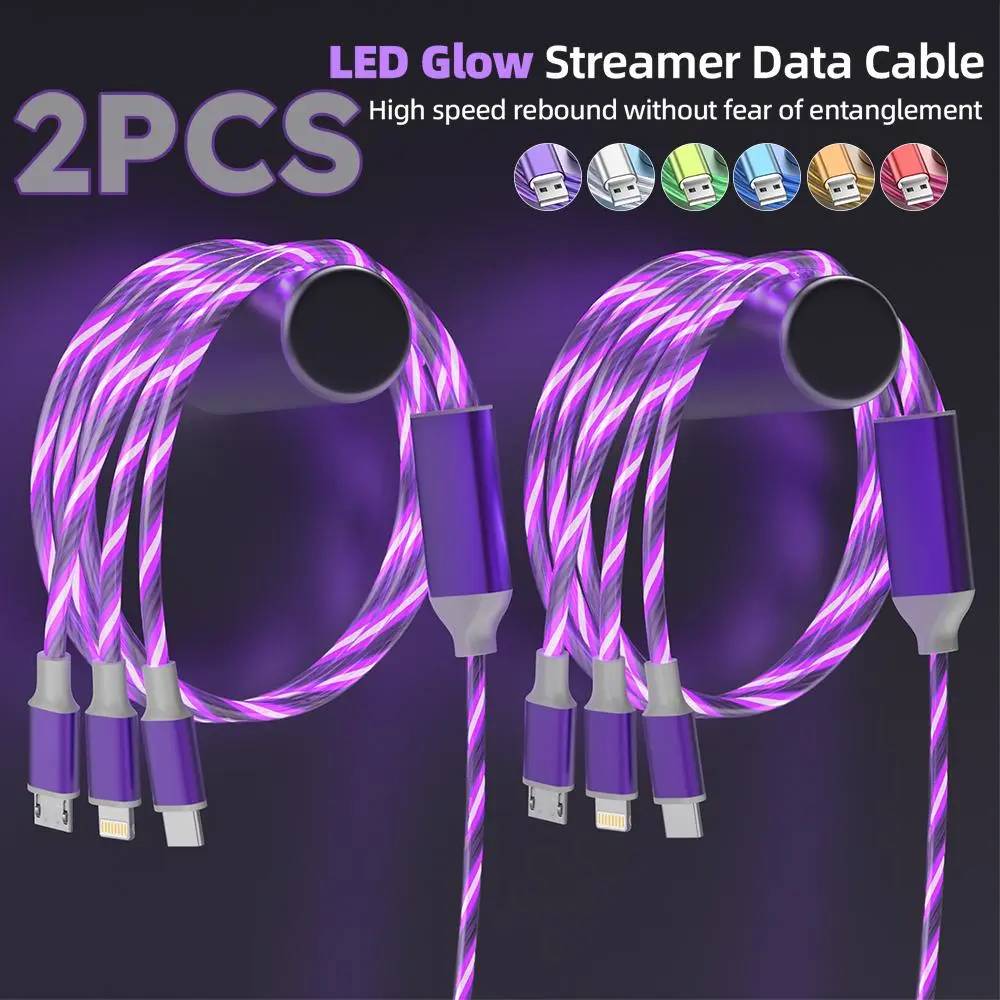 3 in 1 LED Flowing Light Charging Cable 2 Pack Fast Charge No Tangle for iPhone 15 16 Type C Micro USB Car Use #TikTokMadeMeBuyIt