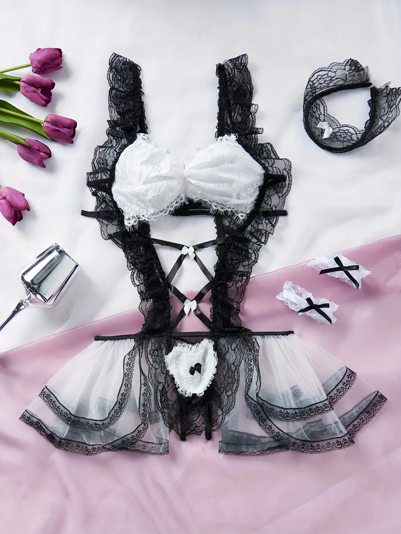 Sexy Sheer Lingerie Set, Transparent Maid, Catgirl Shoulderless Dress, Alluring Pure Desire Lace Nightgown, 3-Piece Set
