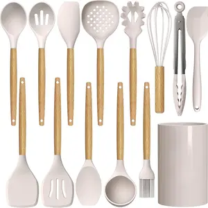 [New Deal] 13pcs Silicone Cooking Utensils Set - 446°F Heat Resistant Silicone Kitchen Utensils with Wooden Handles and Holder, Khaki Steak