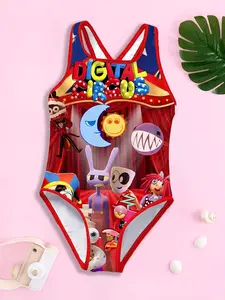 Girls' one-piece swimsuit "Amazing Digital Circus Stage Edition", featuring spaghetti strap triangle one-piece design, quick-drying and breathable without stuffiness, suitable for seaside splashing, pool fun and summer outings with varied looks