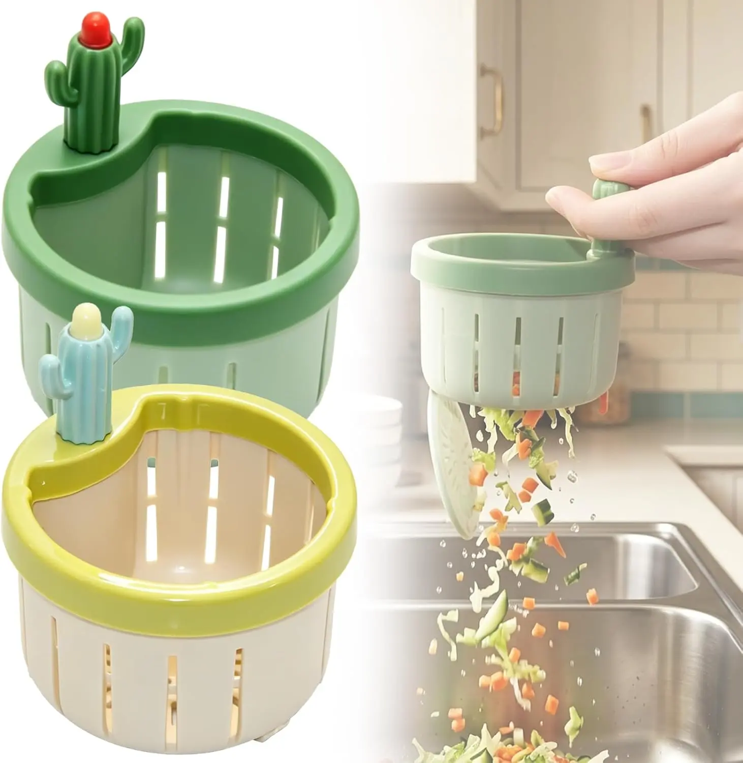 Cactus Sink Strainer Basket, 2026 Upgrade Press Automatic Dumping Fine Mesh Food Catcher – Anti-Clogging Kitchen Drainer with Lifting Handle, Fun Waste Collector for Home Bathroom (Green+Yellow,2pcs)