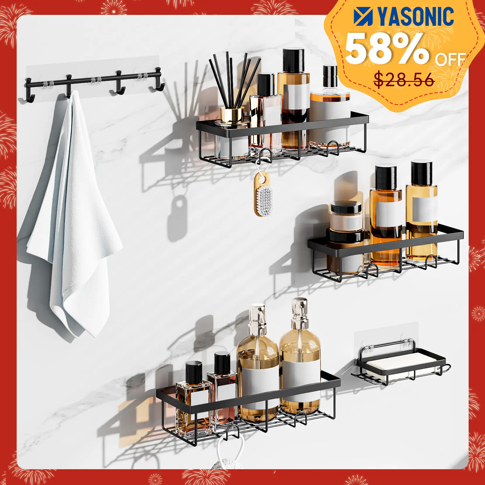 YASONIC Modern Metal Bathroom Accessory Storage Rack Set - 5/6-Piece Wall-Mounted Punch-Free Shower Organizer for Home Bathrooms